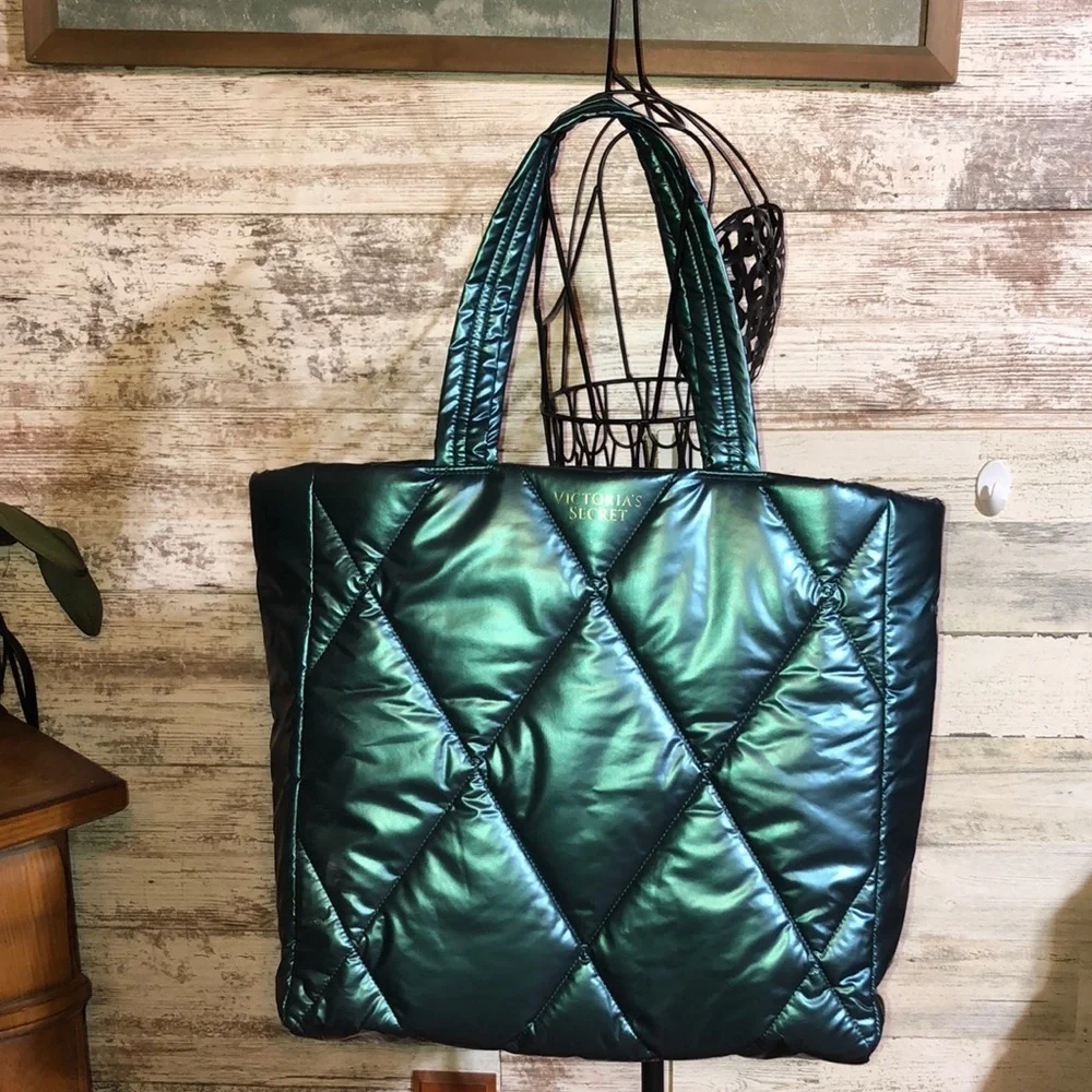 Pink VICTORIA'S SECRET Teal Metallic Quilted Puffy Shoulder Carry All Tote Bag​​